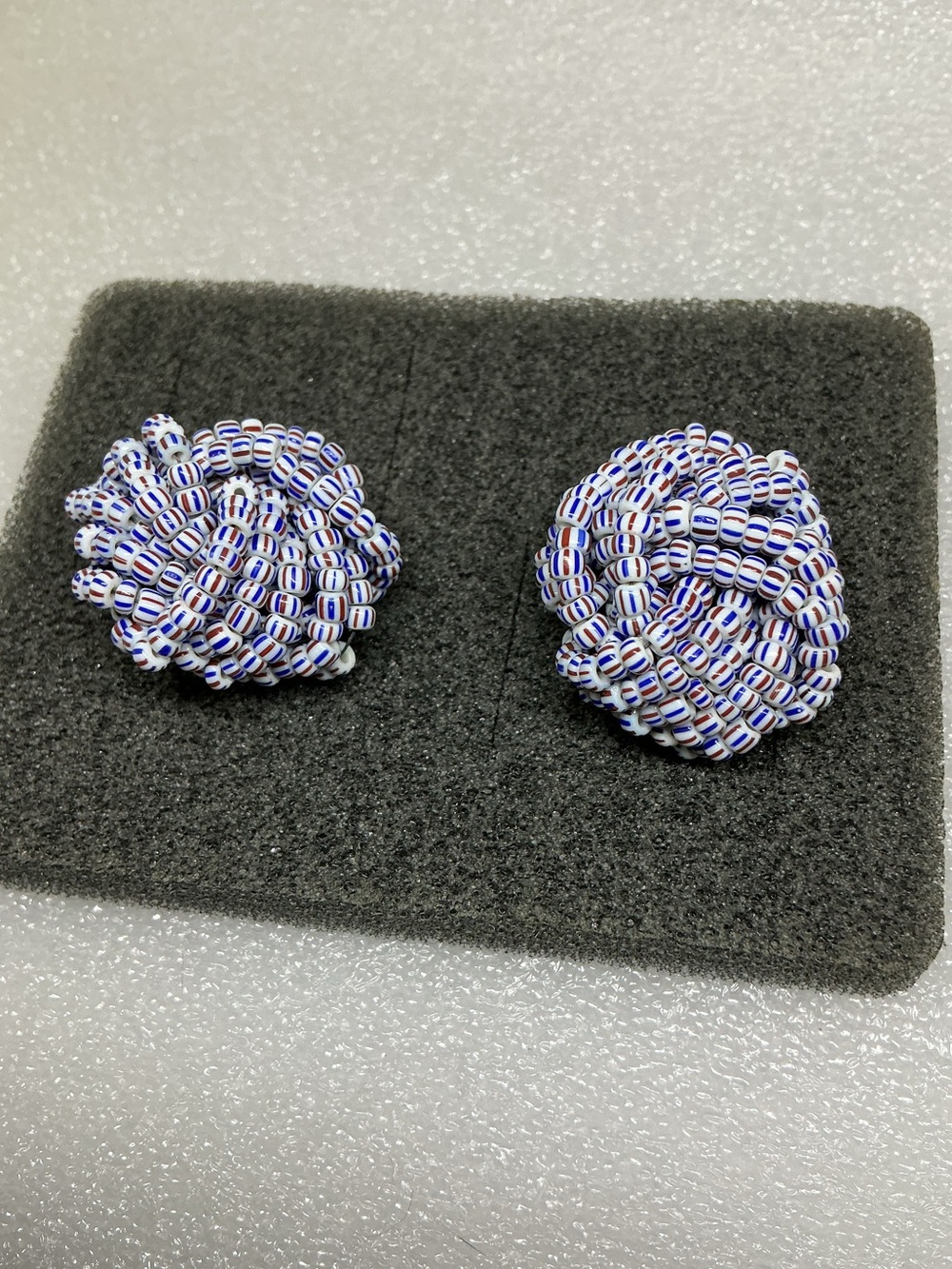 red white blue Beaded Knot Screw-Back Earrings